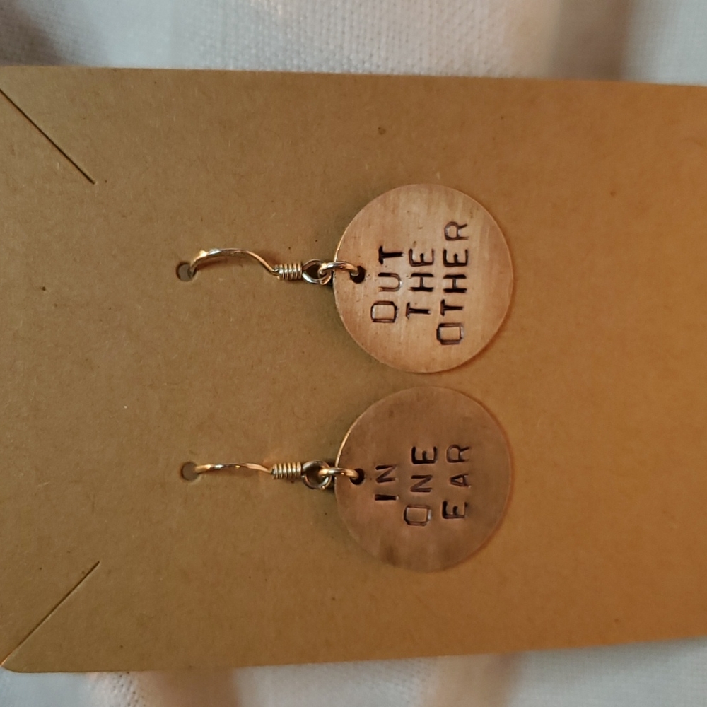 Modern 925 Silver Posts Earrings In one Ear, Out the Other Funny Artisan Jewelry
